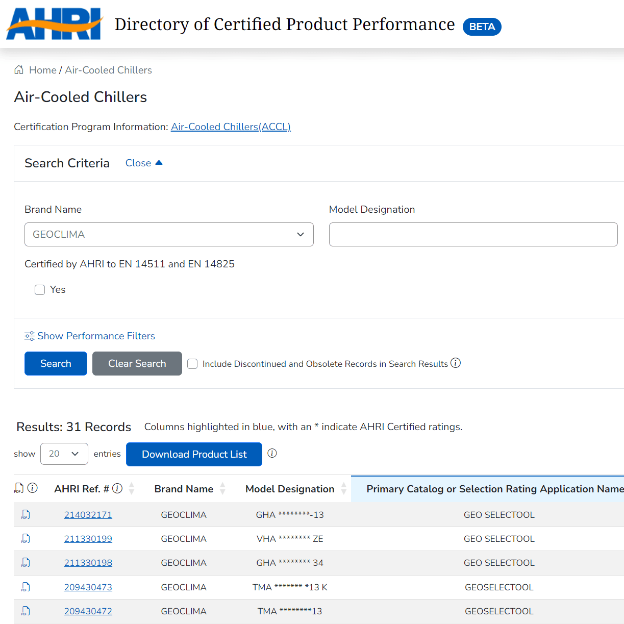 Air-cooled chillers AHRI directory Geoclima air-cooled chillers AHRI directory