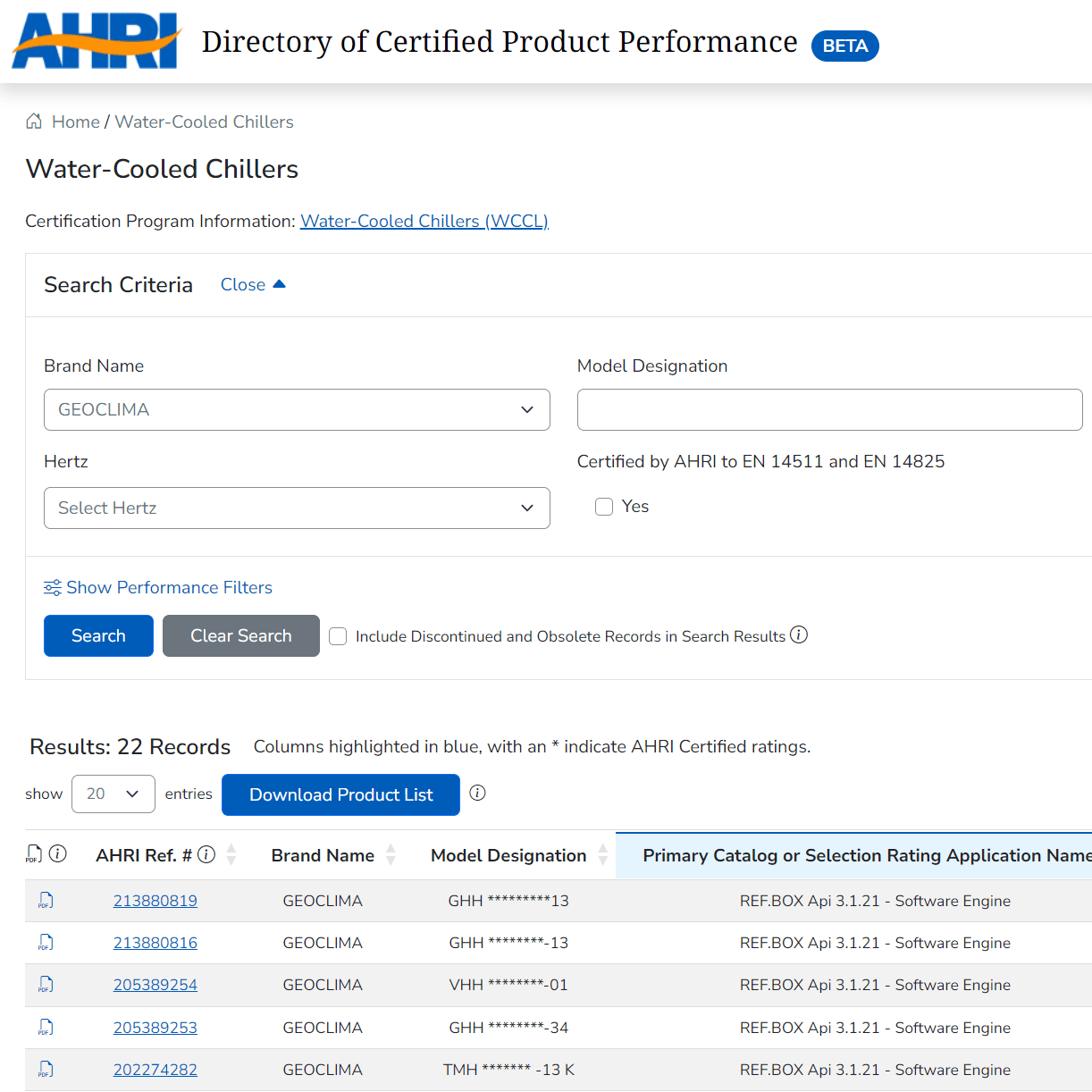 Water-cooled chillers AHRI directory Geoclima water-cooled chillers AHRI directory