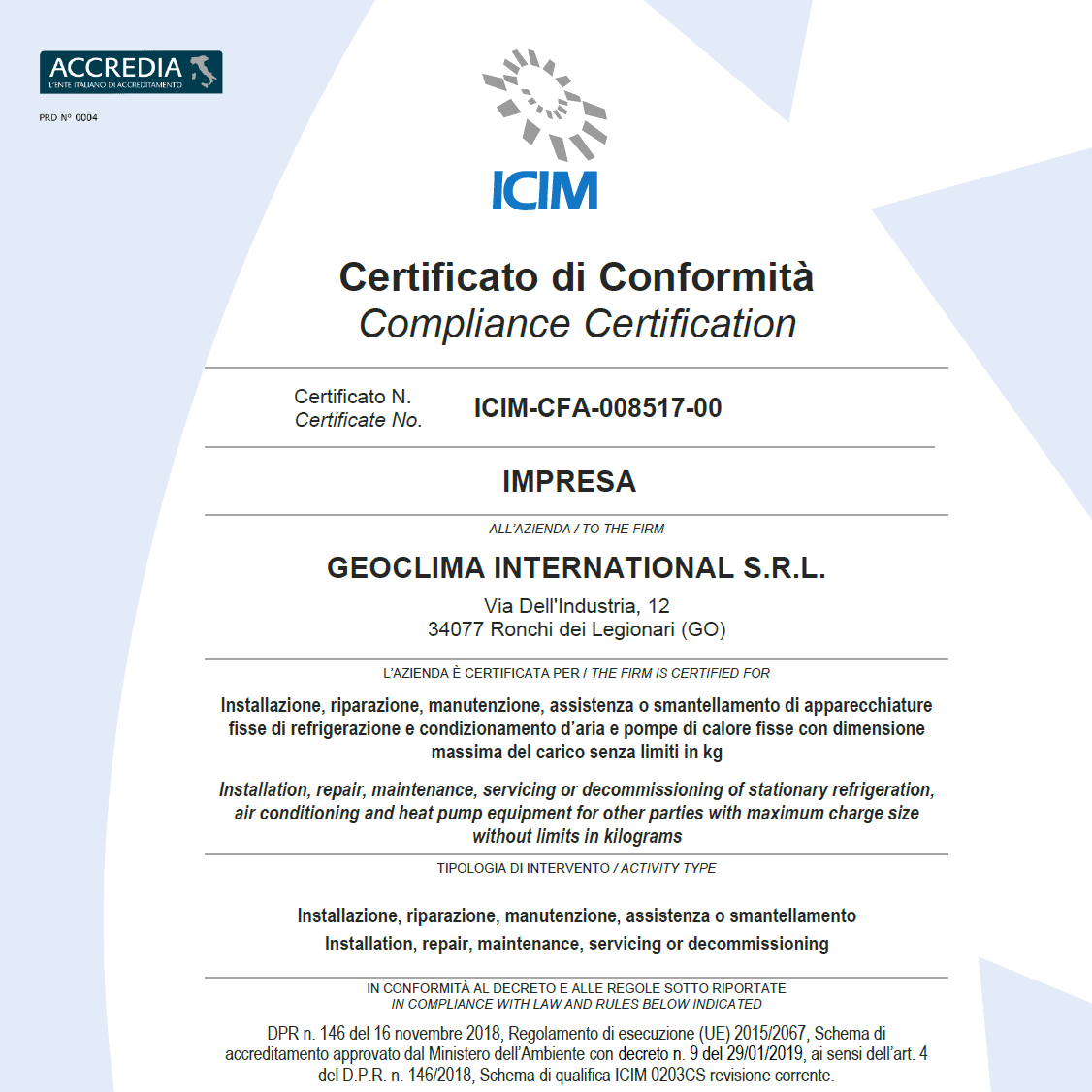 ICIM F_GAS Compliance Certification 2024-2029 ICIM F_GAS Compliance Certification 2024-2029